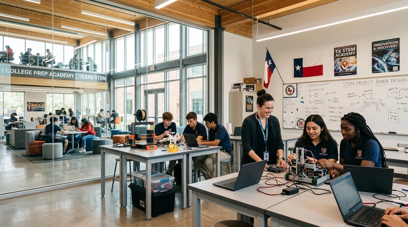 Contemporary Texas STEM charter school robotics lab and secondary classroom