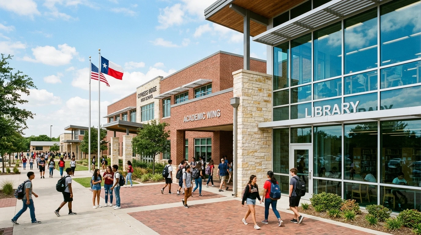 Texas high school campus architecture with Texas state flag and student quad
