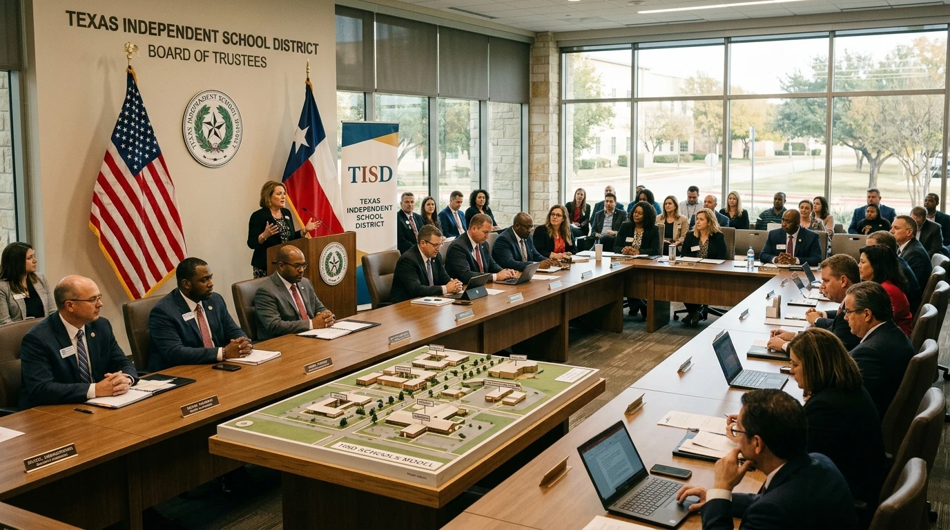 Texas Independent School District Board of Trustees public deliberation boardroom